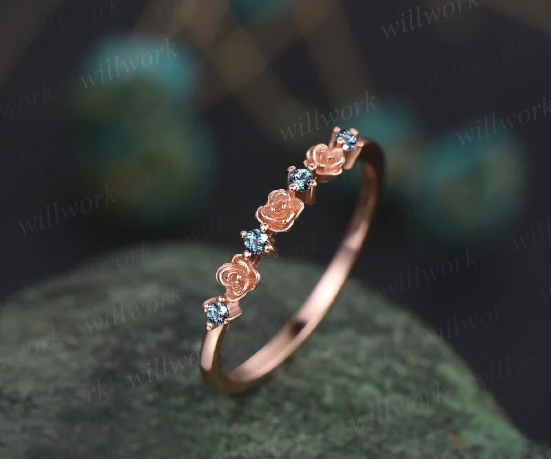 Dainty flower Alexandrite wedding band solid 14k rose gold stacking unique vintage wedding ring band for women anniversary ring gift