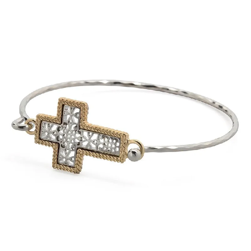 Two Tone Filigree Cross Bangle Rhodium Plated