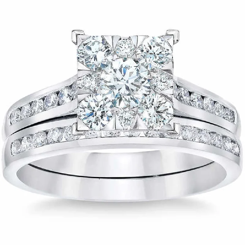 1 3/4 Ct Diamond Princess Cut Framed Engagement Wedding Ring Set White Gold