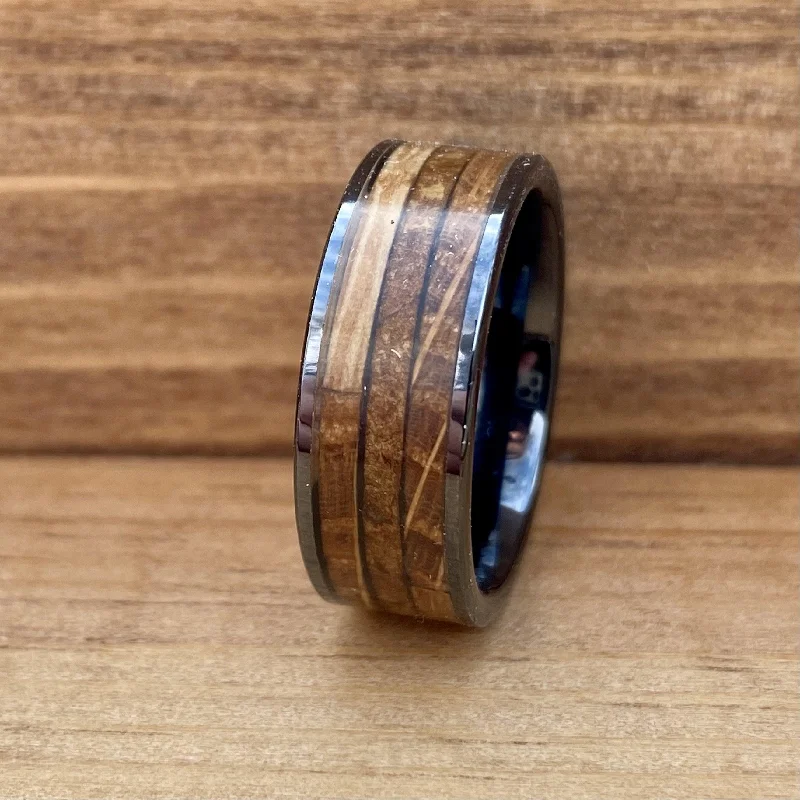 "The Gentleman" Black Ceramic Ring With Reclaimed Bourbon Barrel Wood and Cigar Leaf