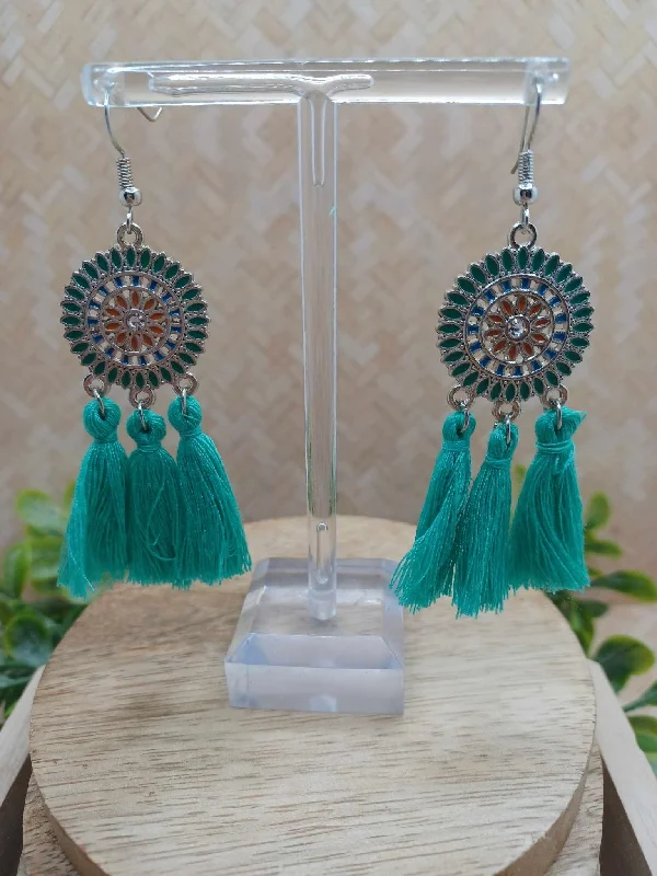 Teal Flower Tassel Earrings