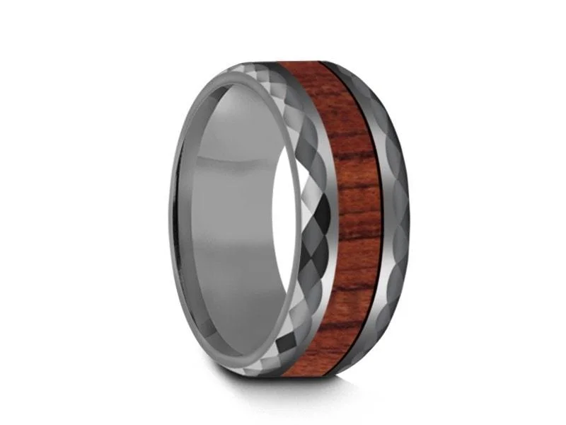 8MM HAWAIIAN Koa Wood Tungsten WEDDING BAND BEVELED AND GRAY INTERIOR