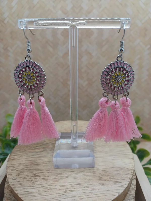 Pink Flower Tassel Earrings