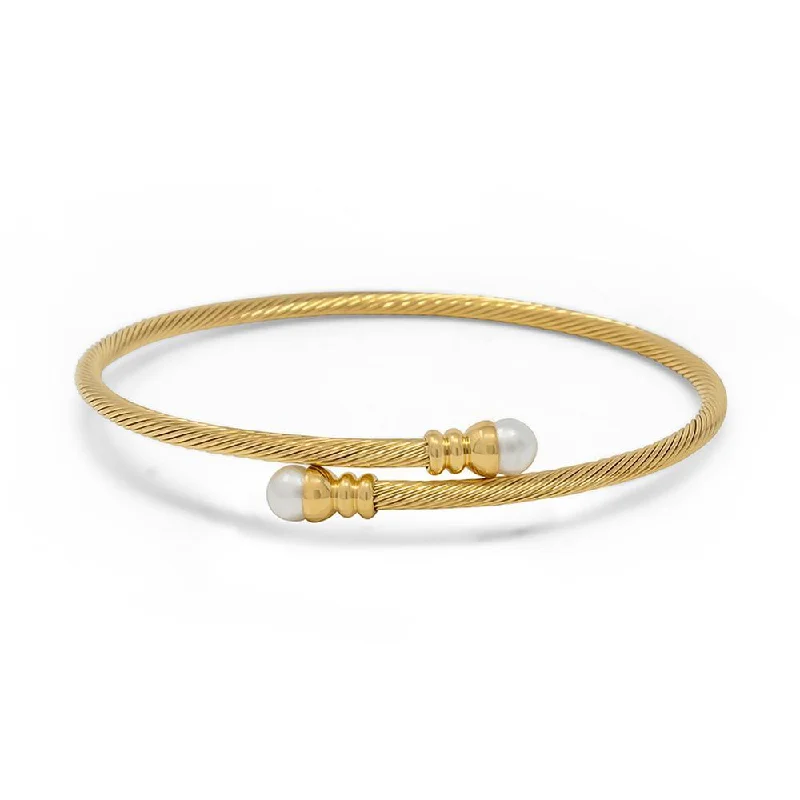 Stainless Steel Wire Bangle Pearl Ends Gold Plated