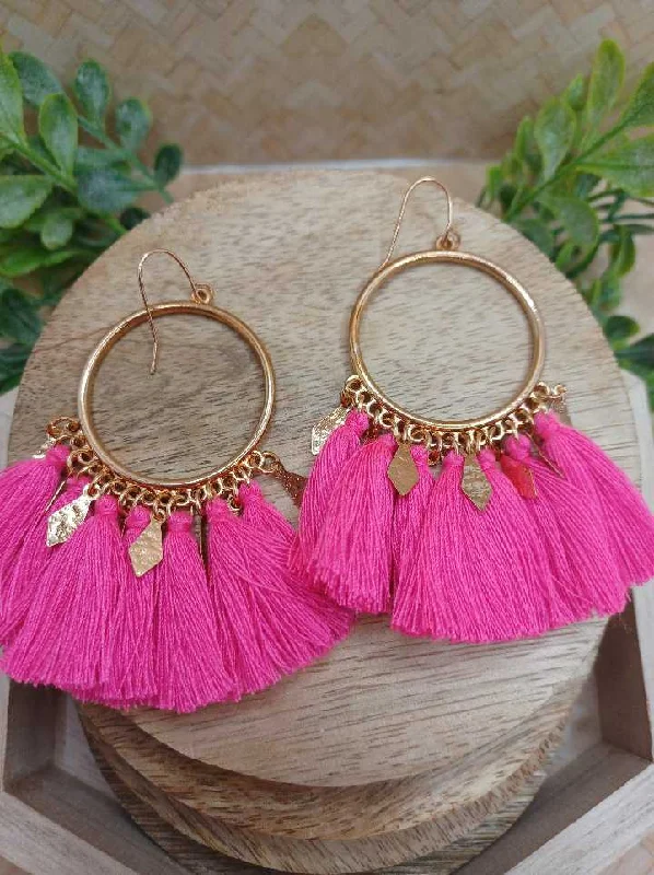 Hot Pink Tassel Earrings w/ Gold Detailing