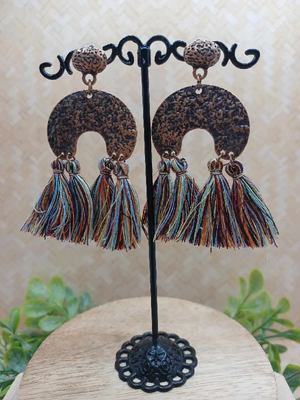 Copper Textured Earrings w/ Multicolored Tassels