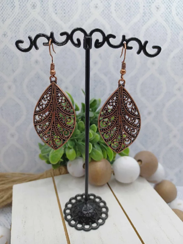 Copper Leaf Style Earrings w/ Filigree Pattern