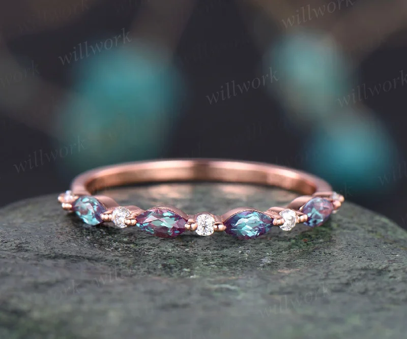 Art deco Alexandrite wedding band vintage diamond wedding ring band rose gold Alexandrite ring women marquise ring setting anniversary gift