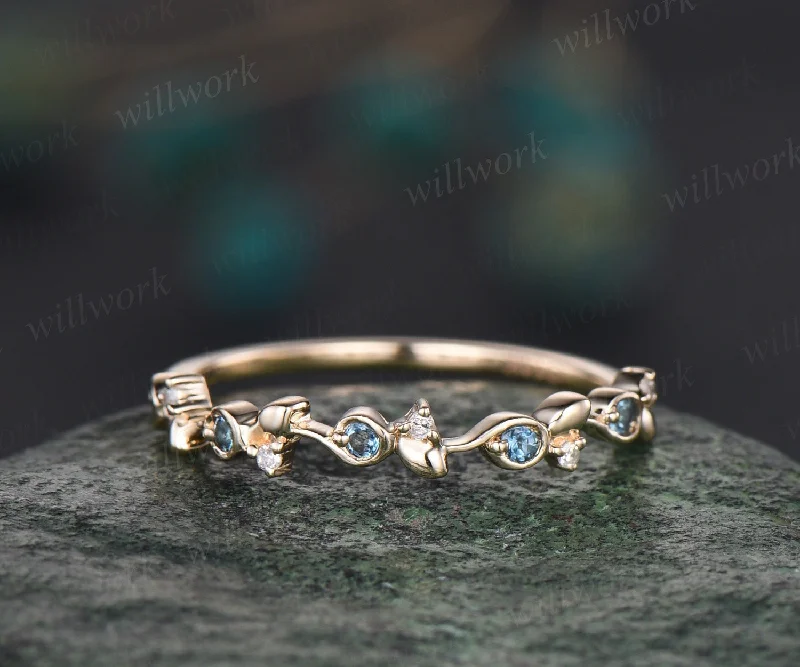 Vintage London blue topaz wedding band unique half eternity diamond wedding ring band dainty anniversary ring women graduation gift jewelry