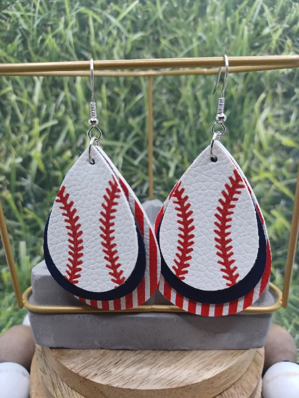 Tripled Layered Leather Baseball Earrings