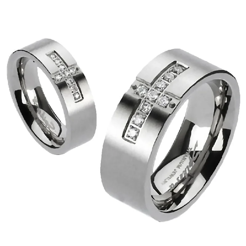 Alex: Unisex Cross Paved Russian IOF CZ Titanium Wedding Band Ring