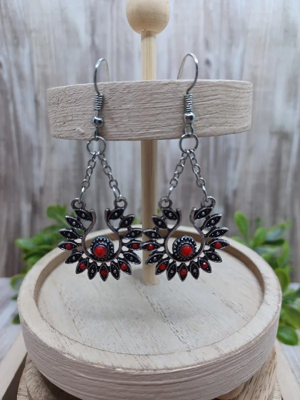 Silver Earrings w/ Antiqued Design & Red Beading