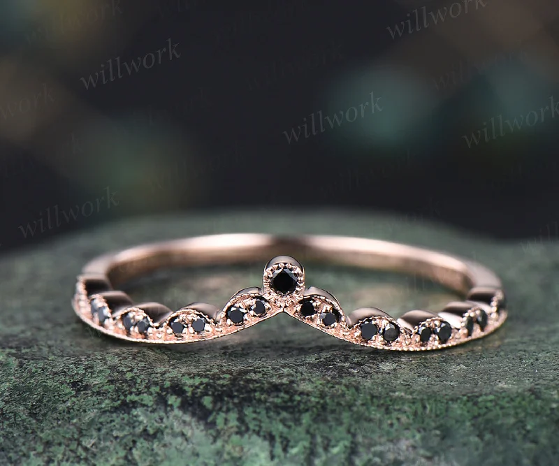 Vintage black diamond wedding band milgrain art deco black diamonds curved wedding ring band dainty stacking ring for women jewelry gifts