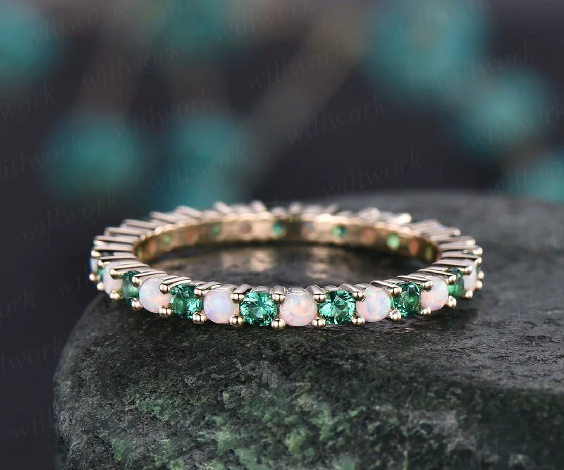 Opal ring vintage emerald ring gold full eternity opal emerald wedding ring band May birthstone matching stacking ring unique jewelry gift