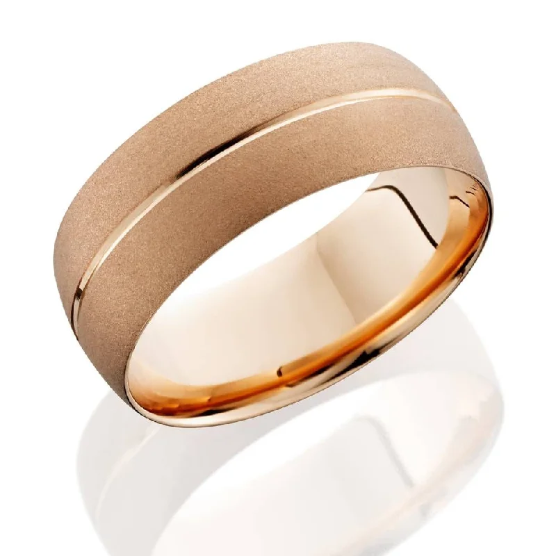 14K Rose Gold Mens Brushed Single Groove Wedding Band 8mm