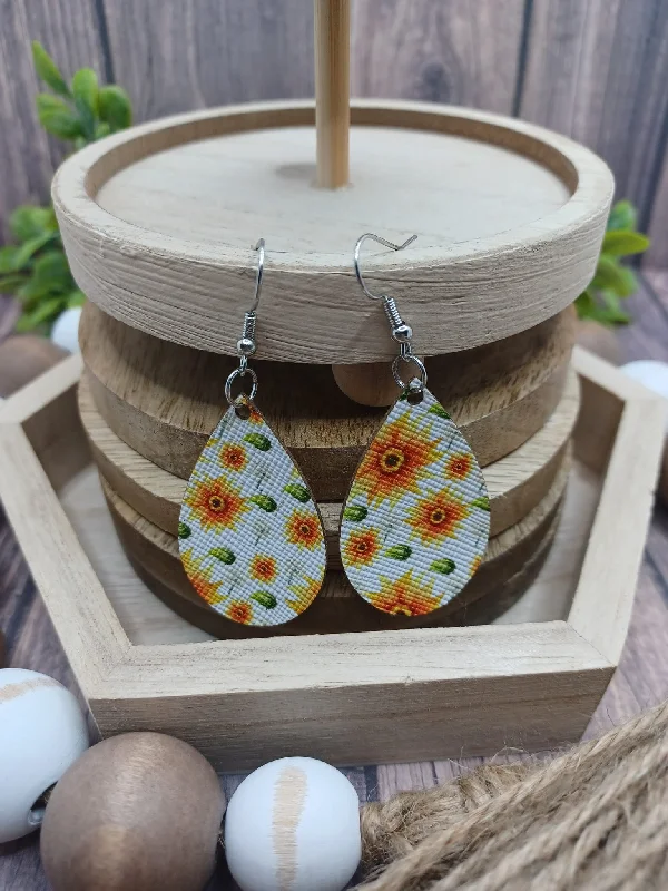 White w/ Sunflower Patterned Teardrop Earrings