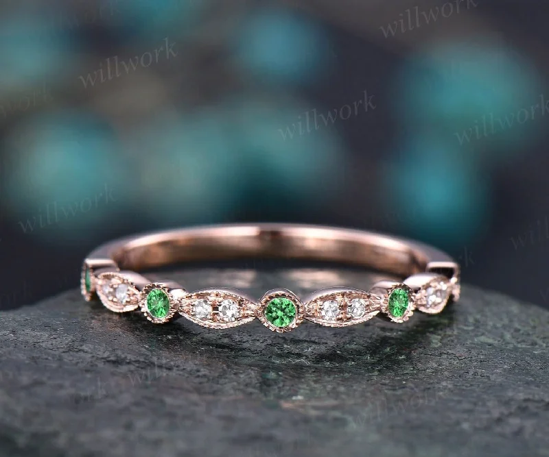 Natural tsavorite wedding band Milgrain diamond wedding ring 14k rose gold half eternity art deco matching stacking anniversary ring gifts