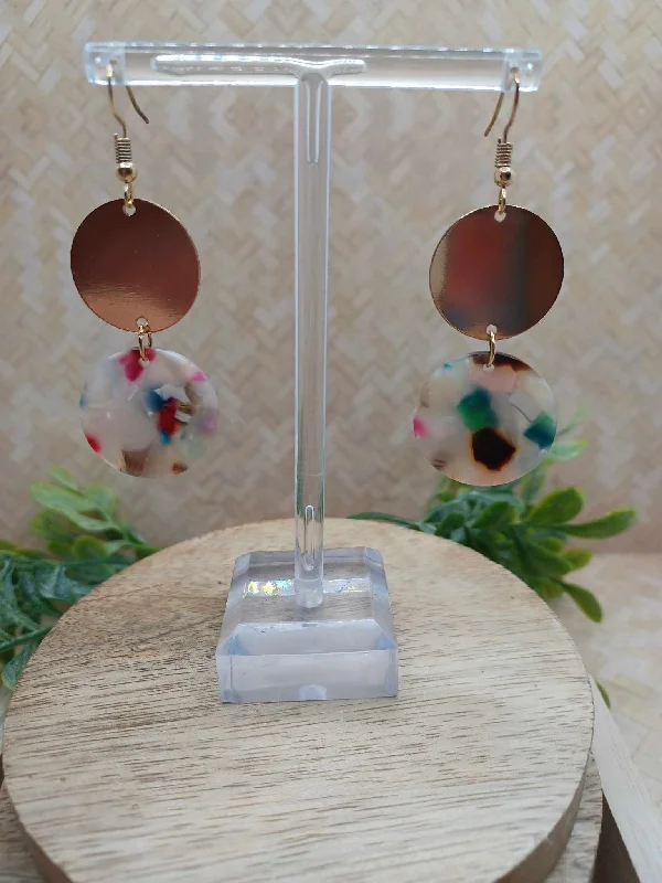 White & Gold Acrylic Circle Shaped Earrings w/ Multicolored