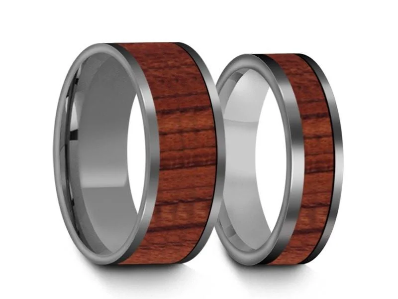 6MM/8MM HAWAIIAN KOA WOOD Tungsten Wedding Band Set FLAT AND GRAY INTERIOR