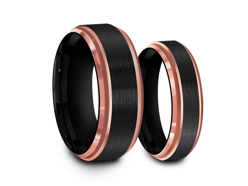 6MM/8MM BRUSHED BLACK TUNGSTEN WEDDING BAND SET ROSE GOLD EDGES AND BLACK INTERIOR