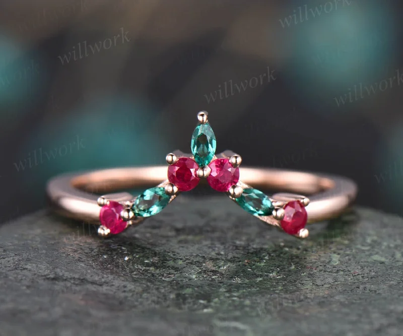 Curved v shaped wedding band art deco emerald ring marquise wedding band natural ruby wedding band rose gold jewelry women bridal ring gift