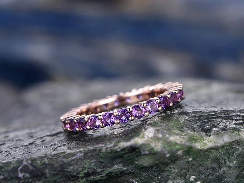 Natural 2mm round amethyst wedding ring band 14k rose gold unique antique full eternity matching band gift engagement bridal promise ring