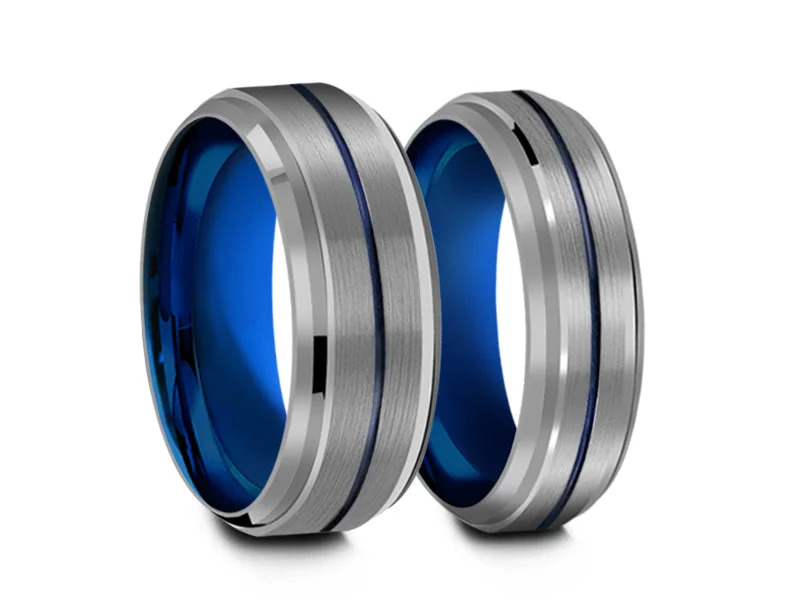 6MM/8MM GRAY TUNGSTEN WEDDING BAND SET BLUE CENTER AND BLUE INTERIOR