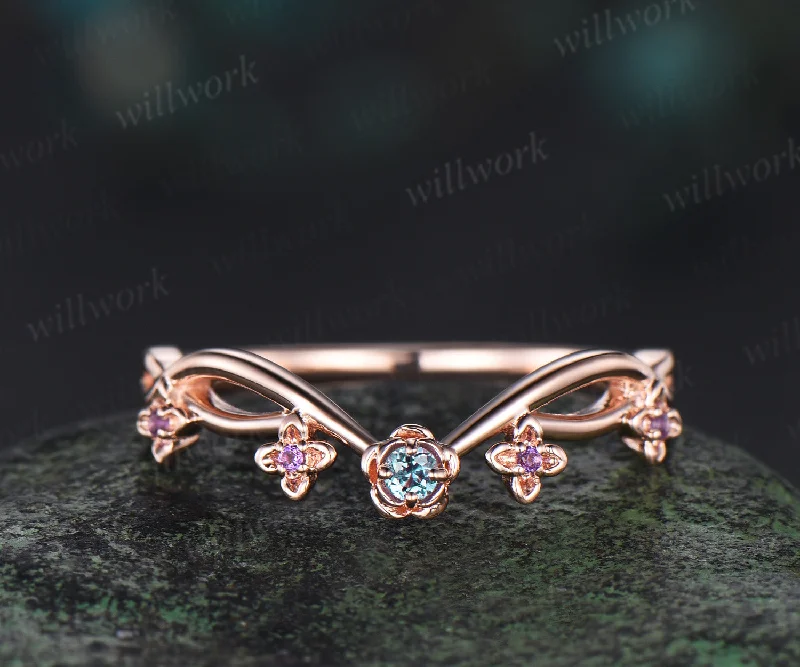 Floral Alexandrite amethyst wedding band five stone infinity stacking ring women 14k rose gold gift