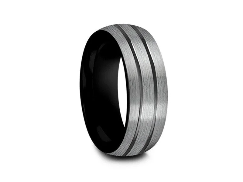 8MM BRUSHED GRAY Gunmetal Tungsten Wedding Band DOME AND BLACK INTERIOR