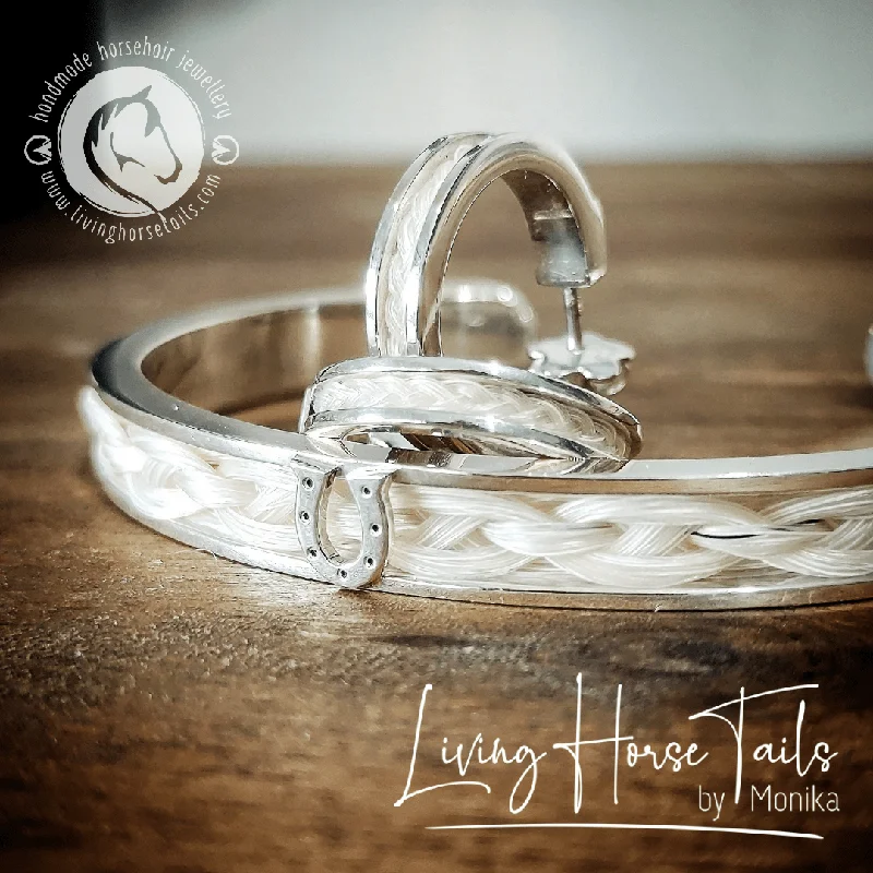 Sterling Silver Horsehair Braid Inlaid Cuff / Bangle with Horseshoe detail