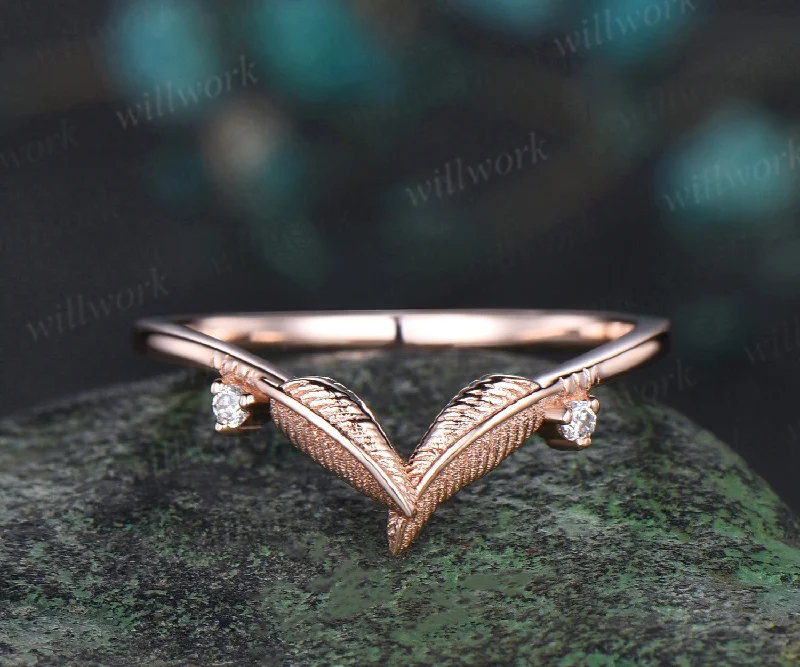 Curved leaf diamond wedding band solid 14k rose gold two stone nature inspired matching stacking bridal wedding ring women