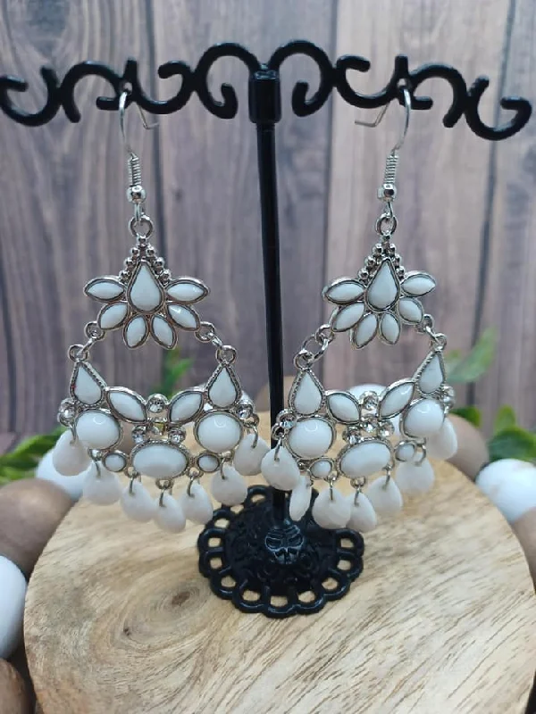 Silver Hinged Style Earrings w/ White Beading