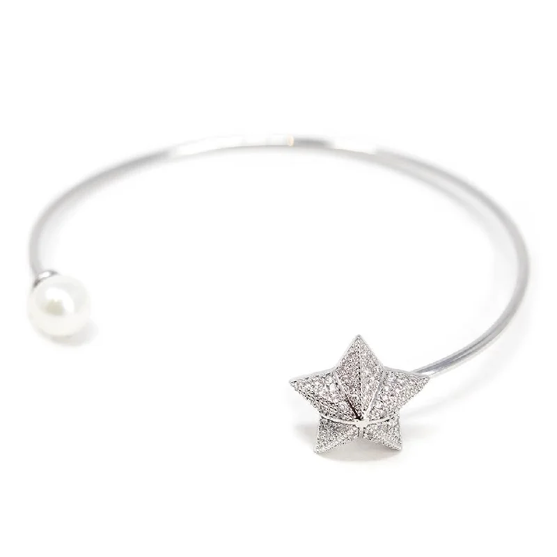 Star Fish and Pearl Bangle Rhodium Pl