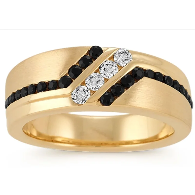 1 Ct TW Mens Black & White Diamond Wedding Band Yellow Gold Ring