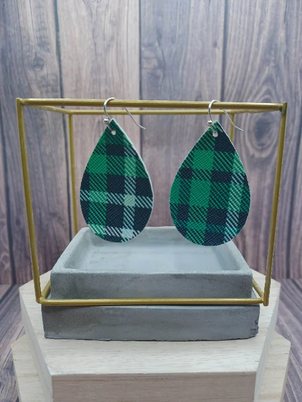 Green Plaid Teardrop Leather Style Earrings