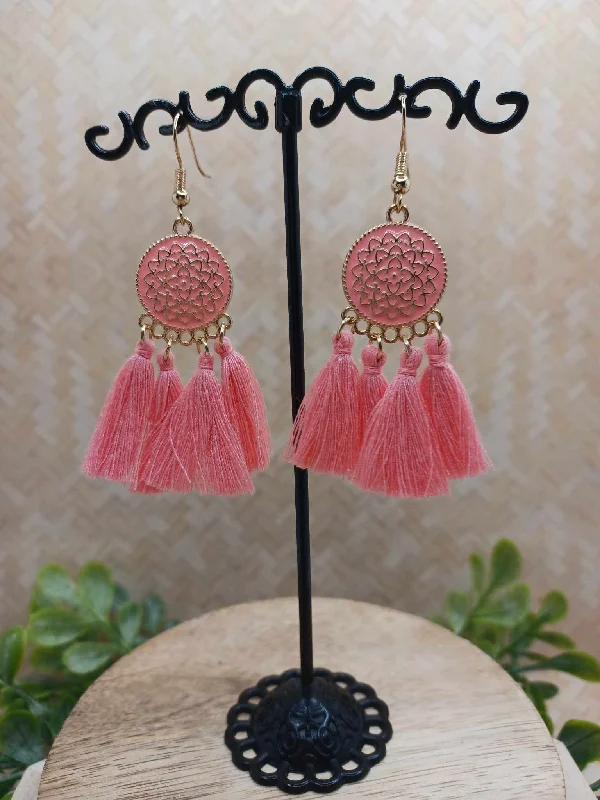 Pink Design Earrings w/ Tassel & Gold Detailing