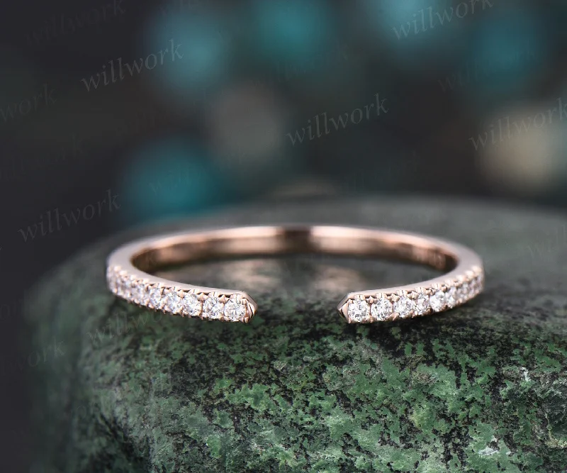 Open gap diamond wedding band solid 14k rose gold half eternity stacking matching dainty anniversary ring women