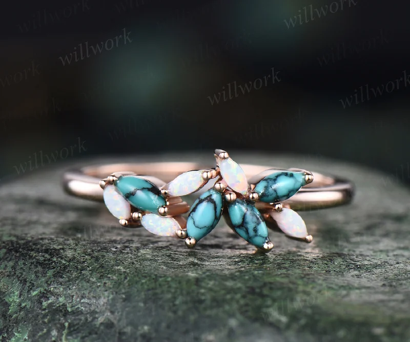 Unique turquoise wedding band opal turquoise ring solid rose gold art deco marqiuse cluster ring stacking ring for women bridal gifts