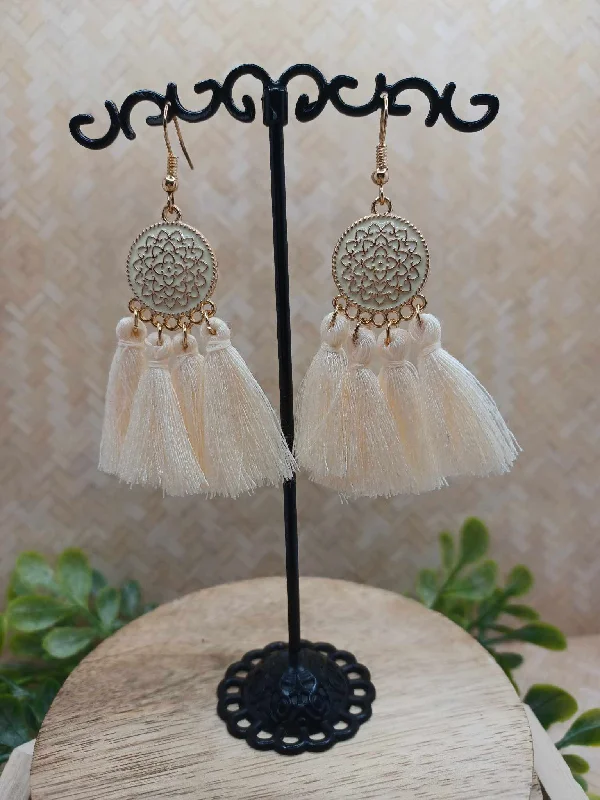 Cream Design Earrings w/ Tassel & Gold Detailing