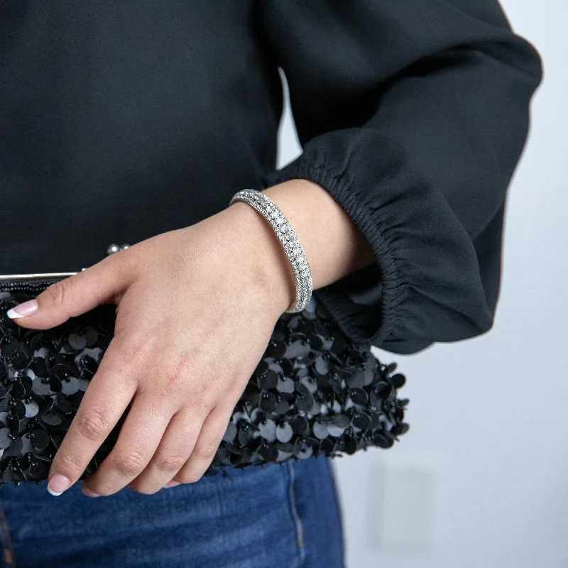 Three Row Crystal in Mesh Cuff Bangle Silver Tone