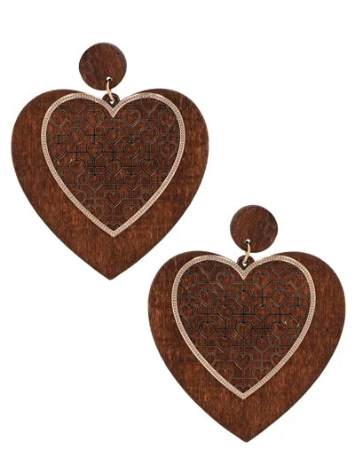 Brown Wooden Heart Earrings