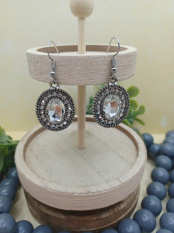 Silver Oval Rhinestone Earrings