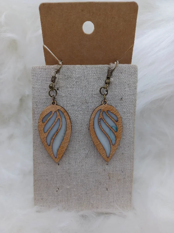 Wooden Wing Style Earrings w/ White Detail