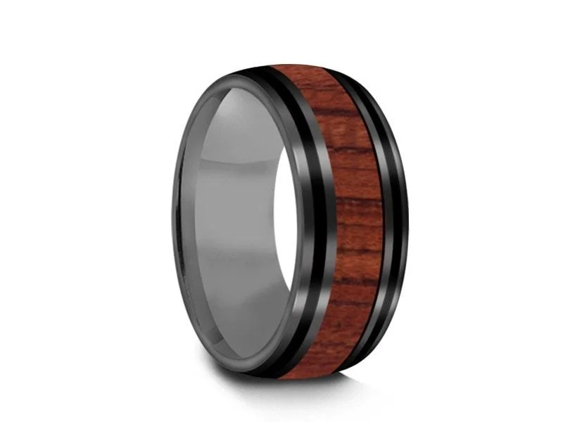 8MM HAWAIIAN Koa Wood Tungsten WEDDING BAND DOME AND GRAY INTERIOR