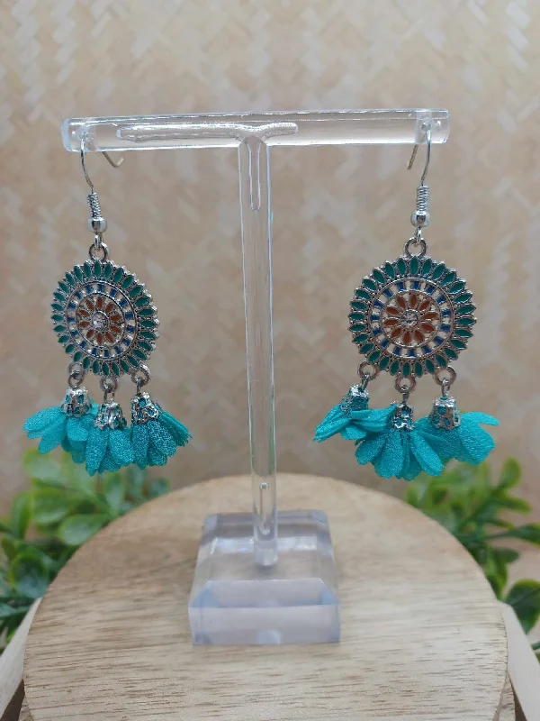 Teal Flower Tassel Earrings