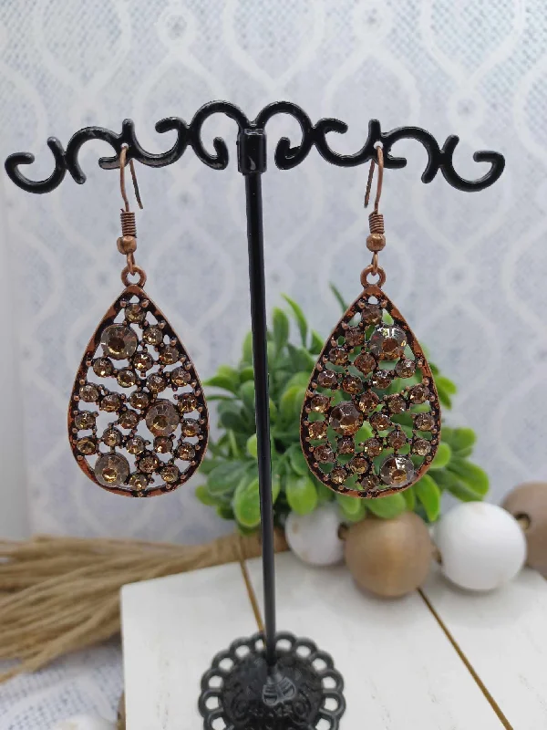 Copper Teardrop Style Earrings w/ Rhinestones