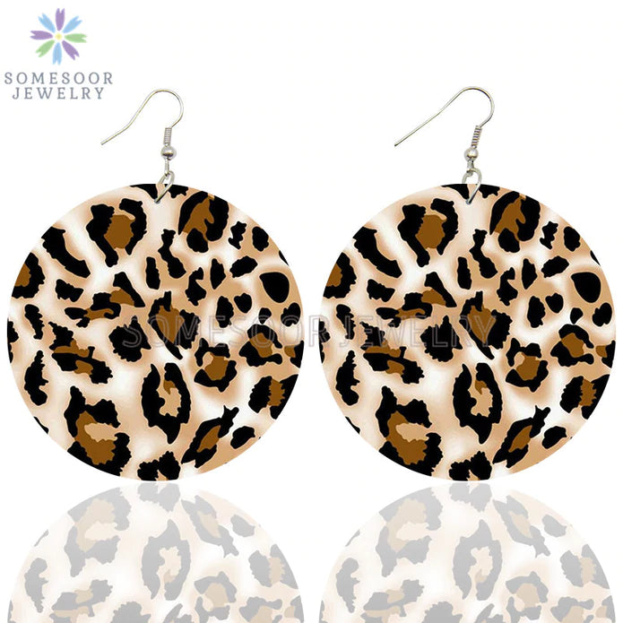 White & Brown Leopard Wooden Earrings