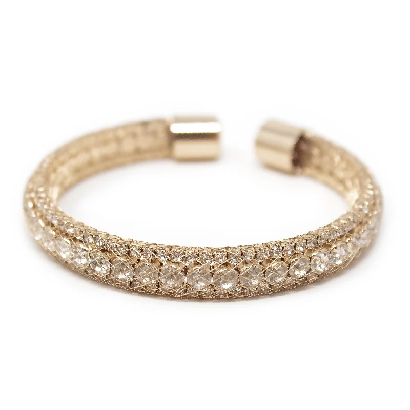 Three Row Crystal in Mesh Cuff Bangle Gold Tone