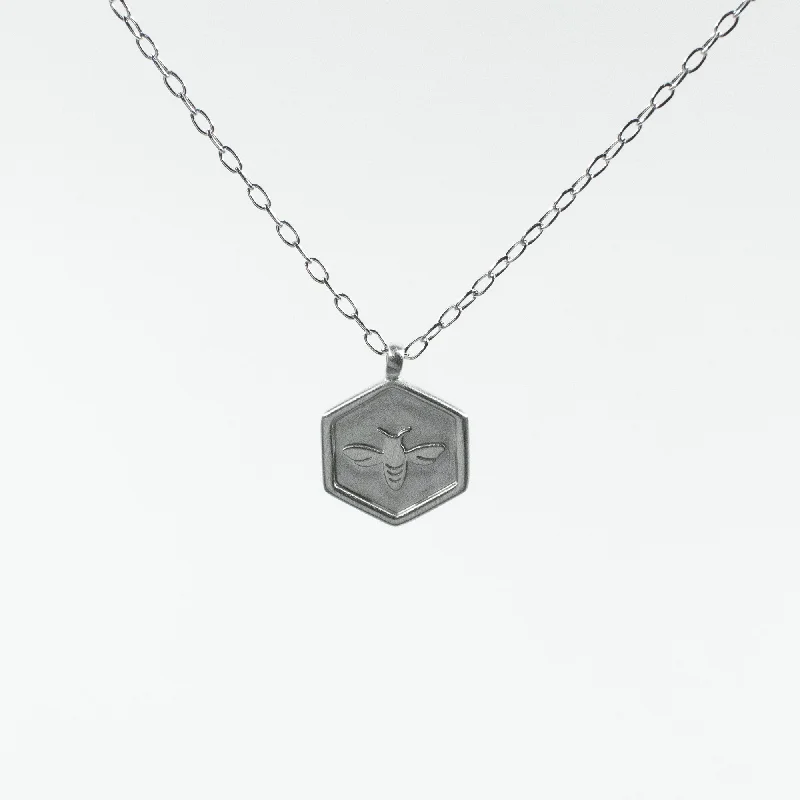 Brushed Silver Hexagon Shaped Honeybee Necklace