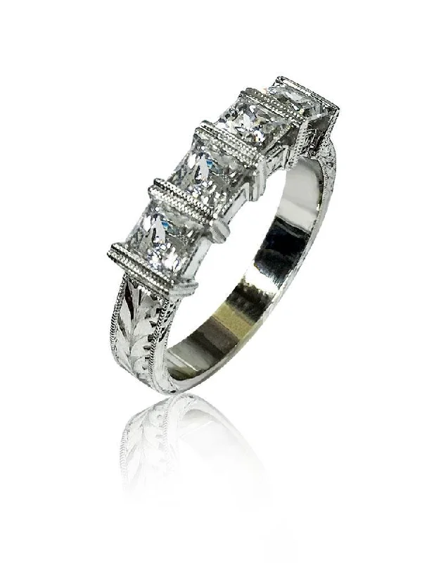 Hand Engraved White gold 14K Wedding Band CZ Princess Cut